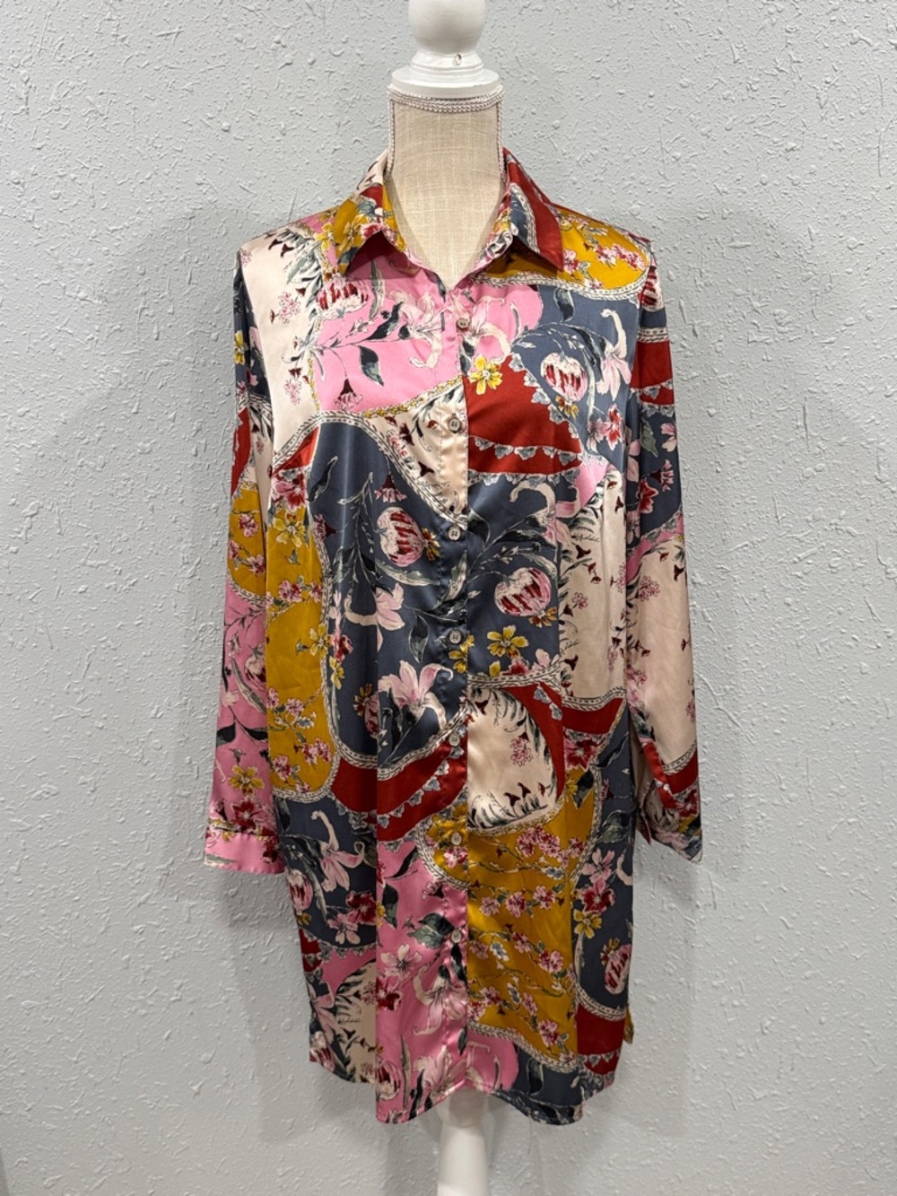 Susan Graver Boho Floral Print Lightweight Longline Tunic Button Up Shirt Size S